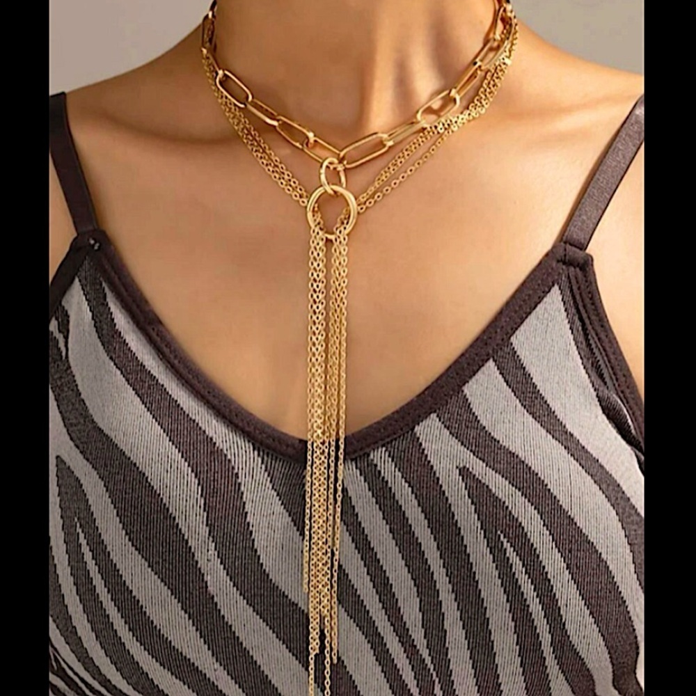 Gold Y Lariat Tassel Multilayered Choker Necklace
